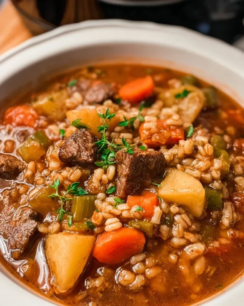 Slow cooker beef barley soup in a hearty bowl, perfect for cold weather meals.