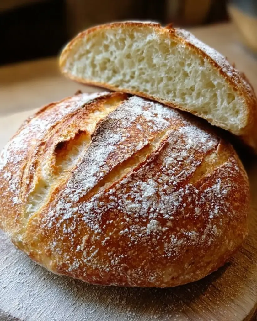 Freshly baked sourdough bread on a wooden table