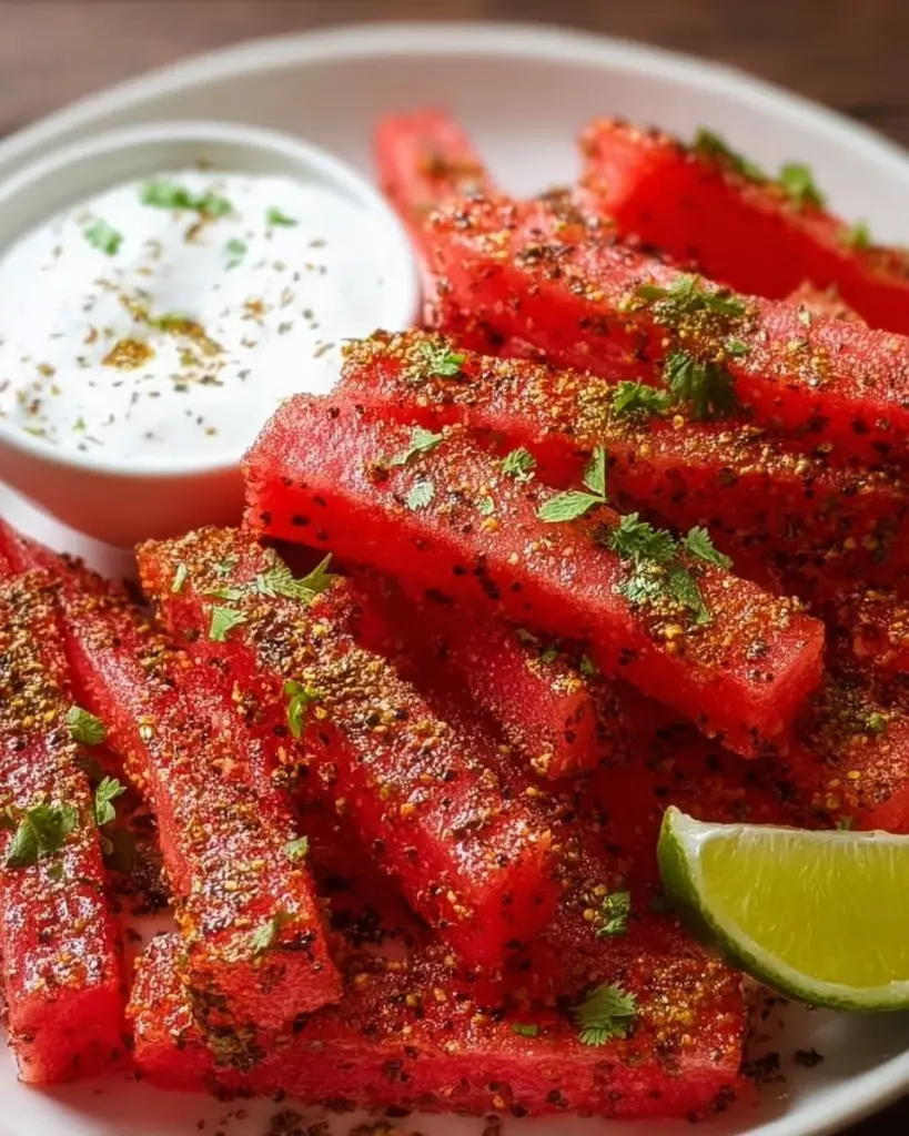 Spicy watermelon fries served with coconut lime dipping sauce on a wooden plate.
