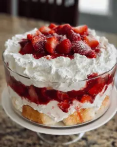 Delicious Strawberry Angel Fluff dessert in a glass with fresh strawberries.