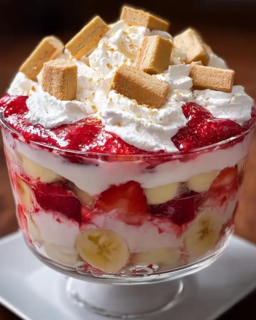 Delicious strawberry banana pudding served in a glass bowl