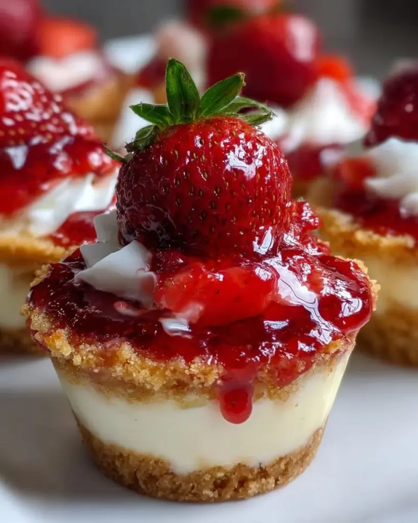 Delicious strawberry cheesecake cups topped with fresh strawberries