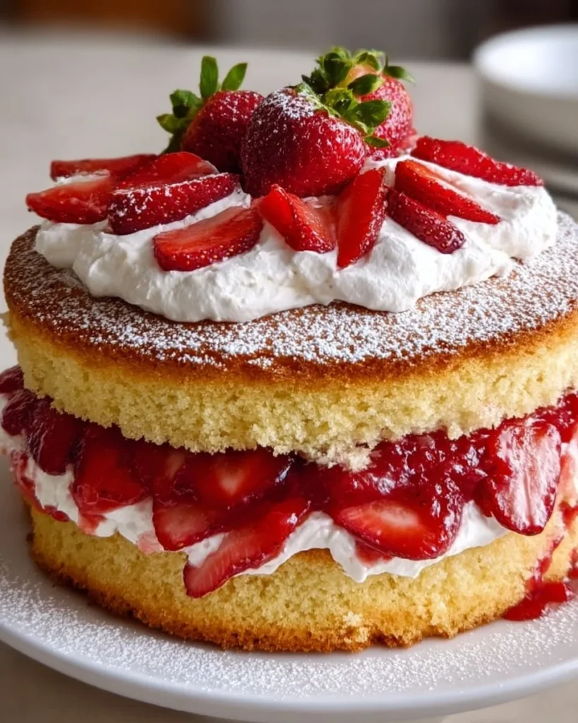 Delicious Strawberry Cream Cake with fresh strawberries and whipped cream