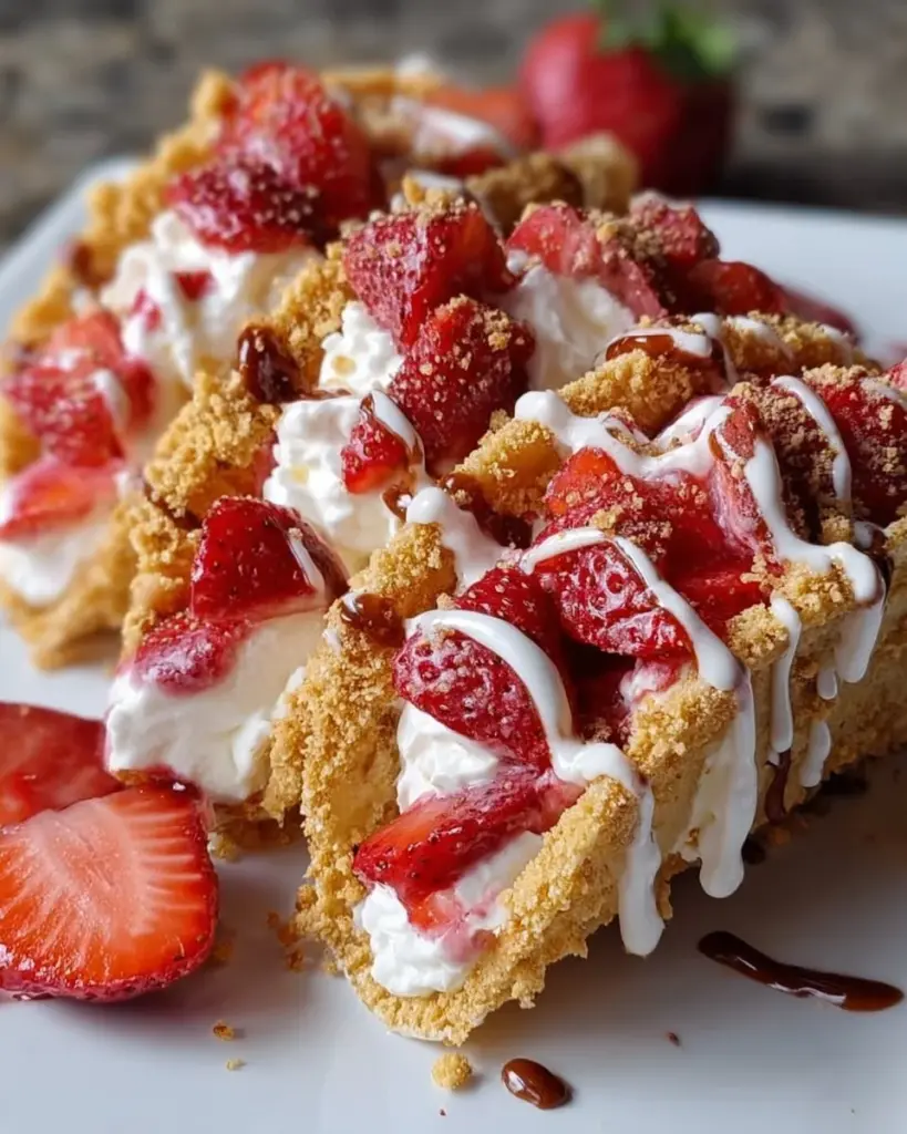 Delicious strawberry crunch cheesecake tacos served on a plate