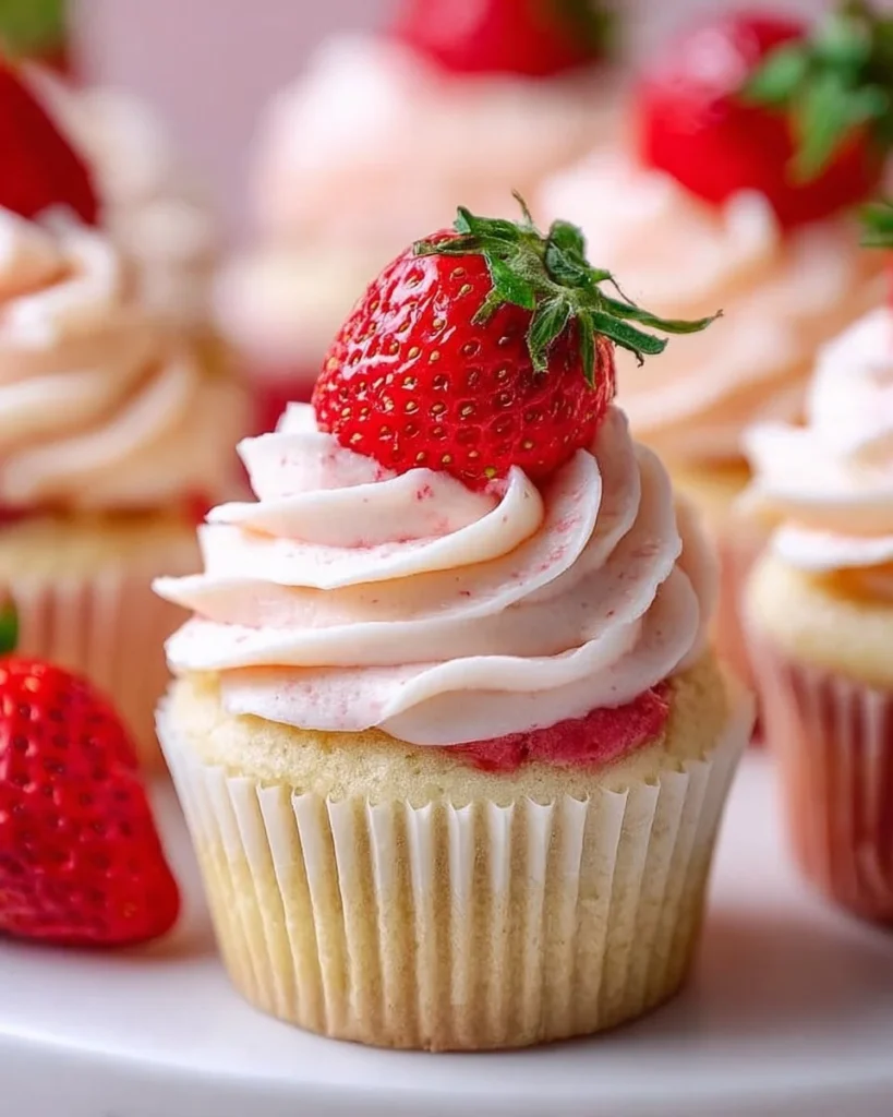 Delicious strawberry cupcakes topped with fresh strawberries and frosting