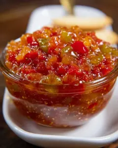 Jar of sugar-free pepper jam on a wooden table with chili peppers
