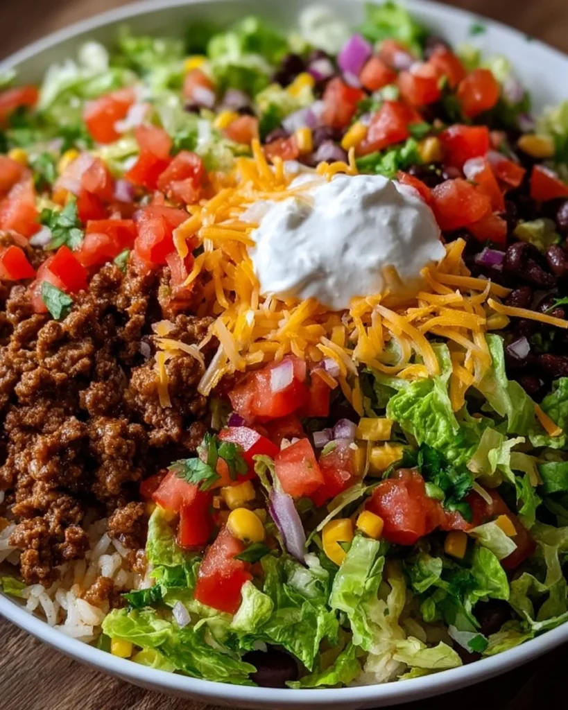 Colorful and fresh Taco Bowl with toppings and ingredients