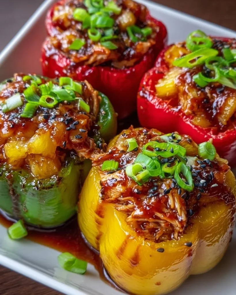 Teriyaki Chicken stuffed peppers with pineapple and colorful vegetables