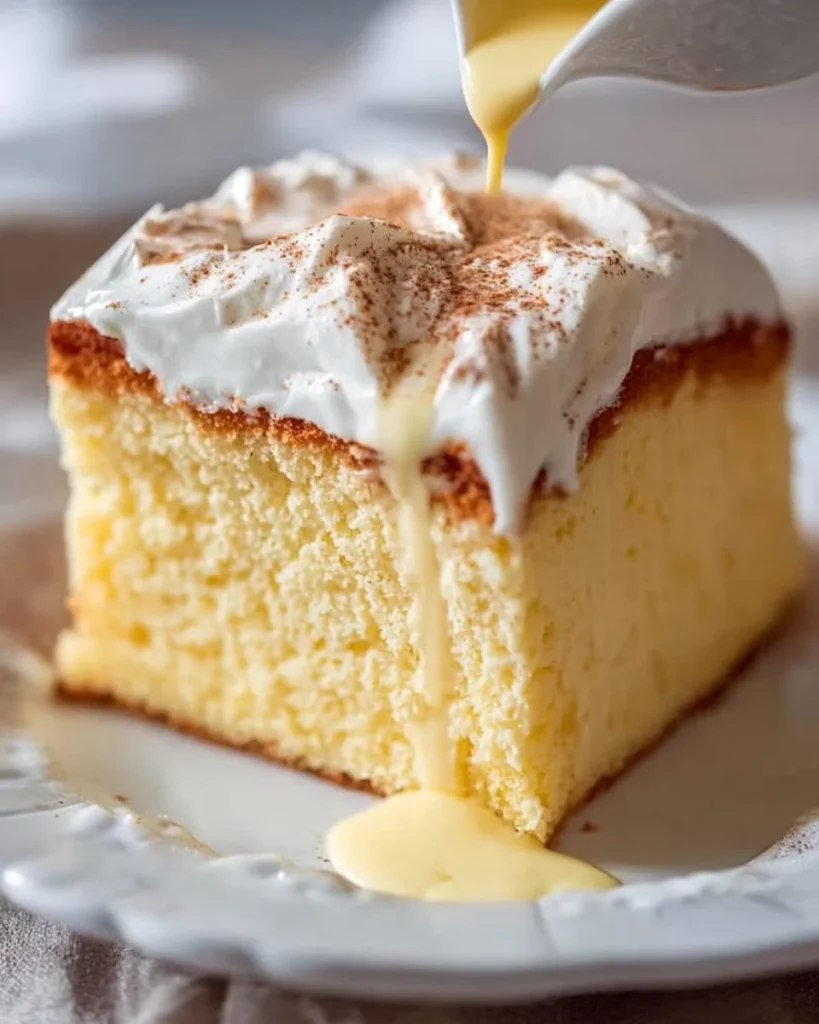 Delicious slice of Three Milk Cake topped with whipped cream and fruits.