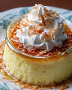 Delicious toasted coconut pudding topped with shredded coconut.