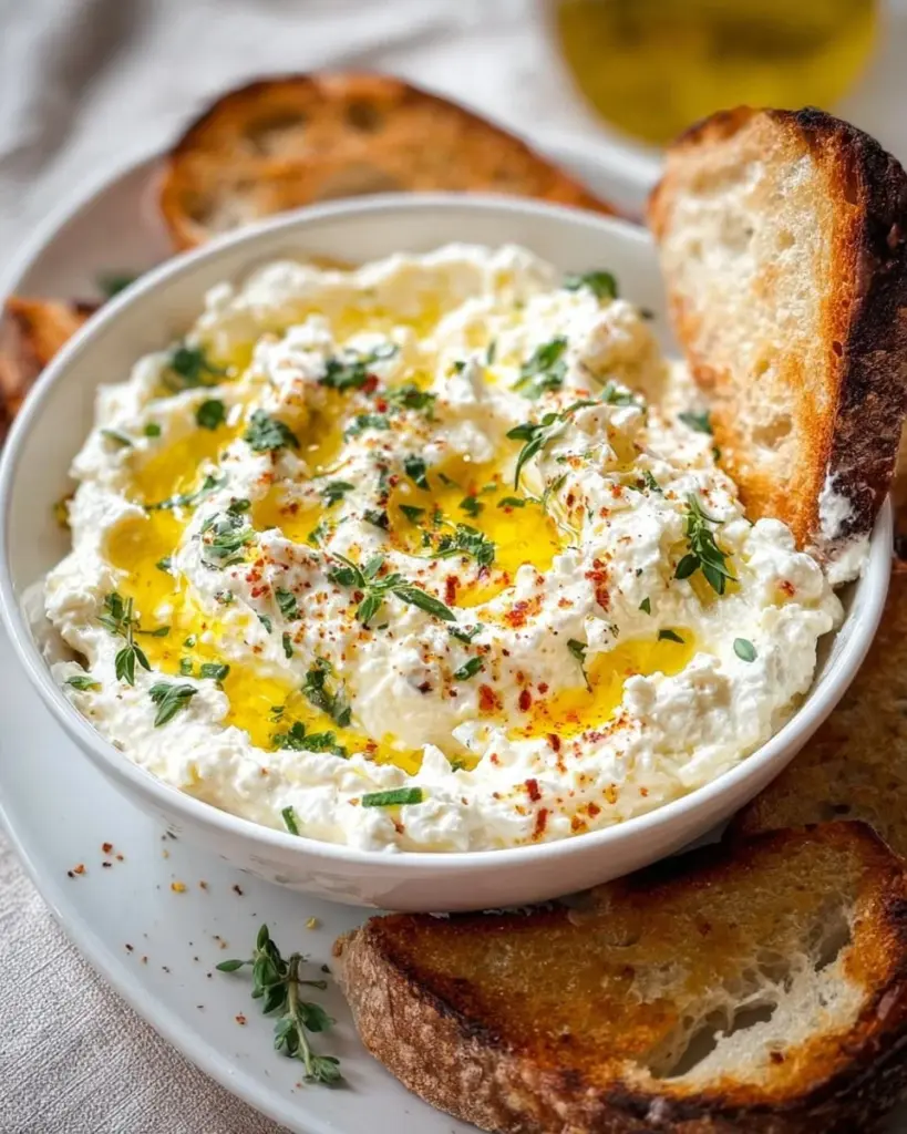 Delicious whipped feta dip served in a bowl with fresh herbs.