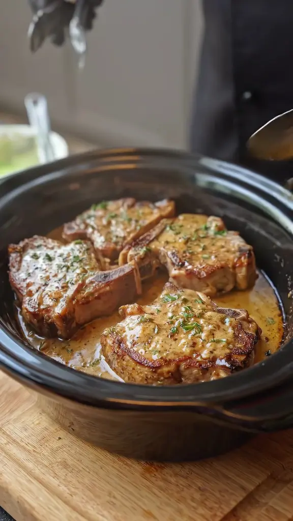 Delicious slow cooker beef chops with four ingredients recipe