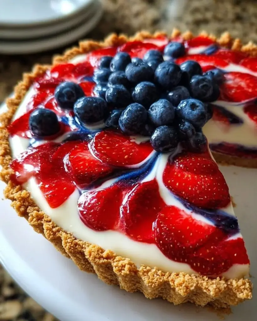 Colorful 4th of July Swirl Pie with berries and whipped cream