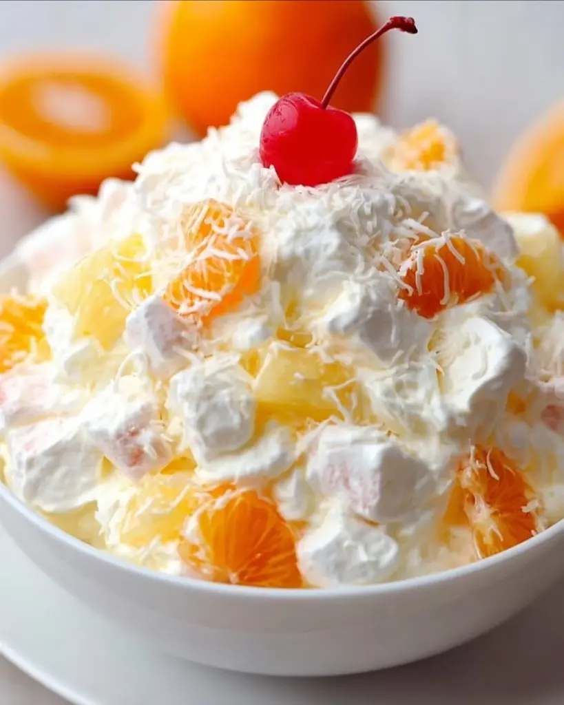 Delicious Ambrosia Salad with fruit and marshmallows served in a bowl