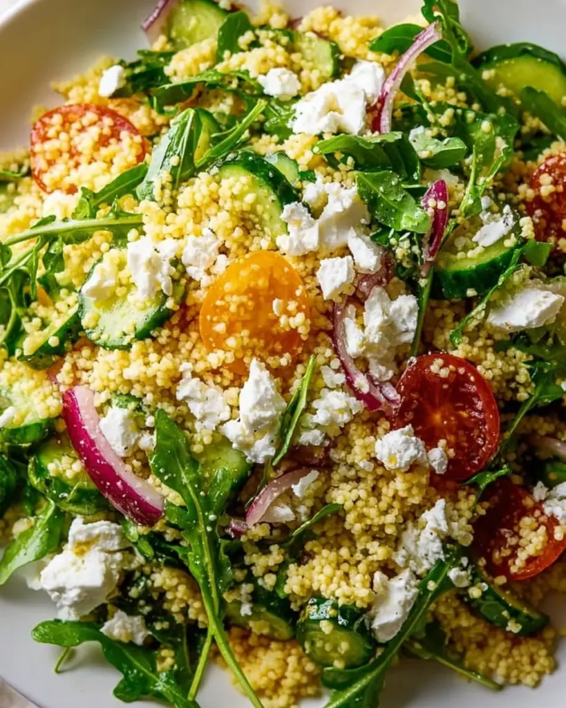 Arugula Couscous Salad with Feta garnished with fresh herbs