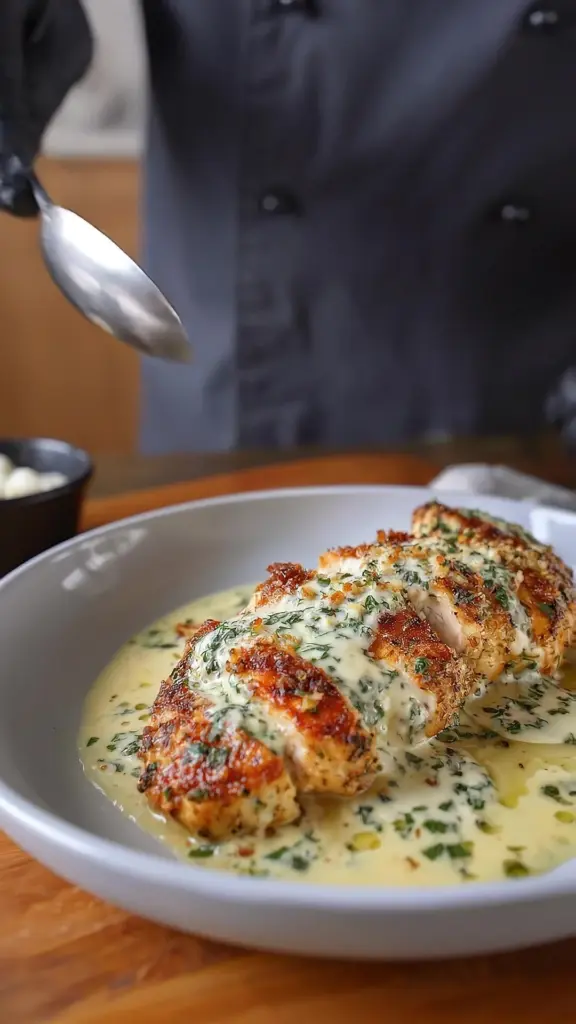 Baked Caesar Chicken topped with creamy Parmesan sauce served on a plate.