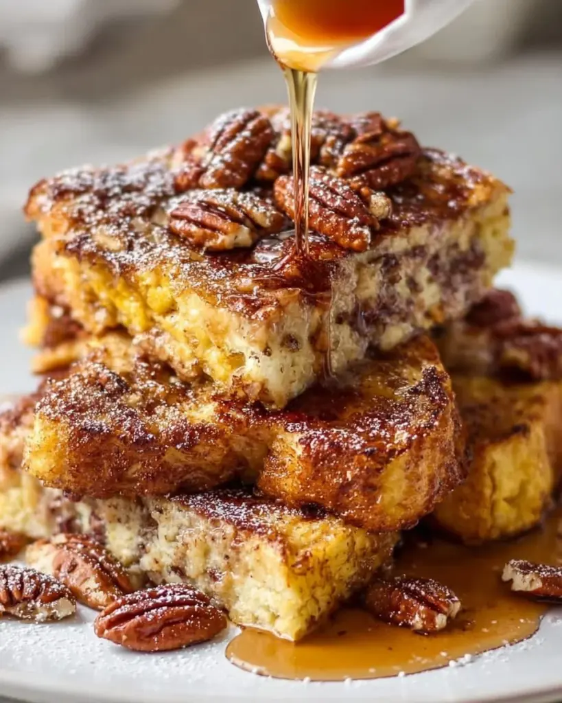 Baked Pecan French Toast topped with pecans and syrup
