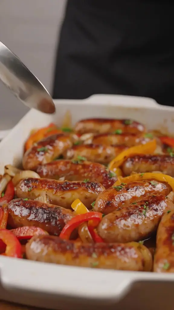 Baked sausage with colorful bell peppers in a serving dish