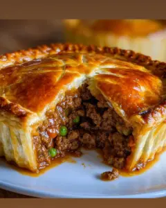 Delicious beef curry pie served on a plate with herbs