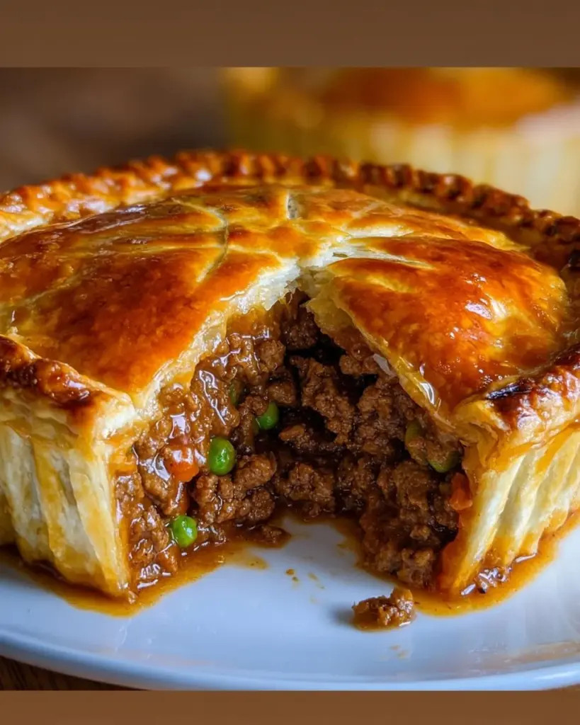 Delicious beef curry pie served on a plate with herbs