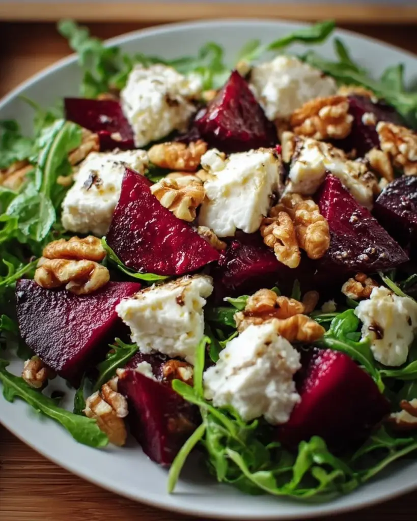 Colorful Beet and Arugula Salad with nuts and feta cheese, healthy meal