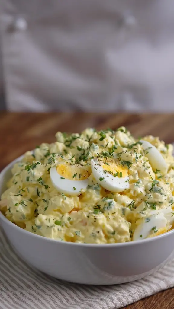 Delicious best egg salad served in a bowl, garnished and ready to eat.