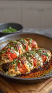 Delicious Caprese Stuffed Chicken with mozzarella, tomatoes, and basil.