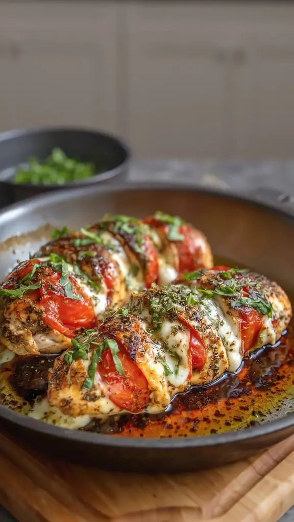 Delicious Caprese Stuffed Chicken with mozzarella, tomatoes, and basil.