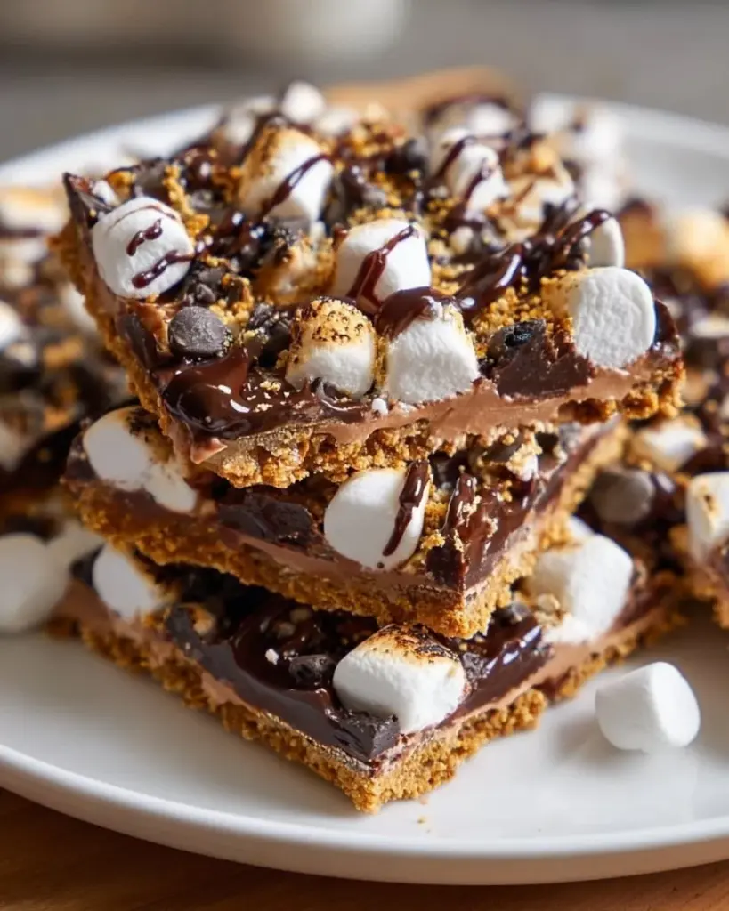 Delicious Chocolate and Marshmallow Loaded S’mores Bark on a wooden surface.