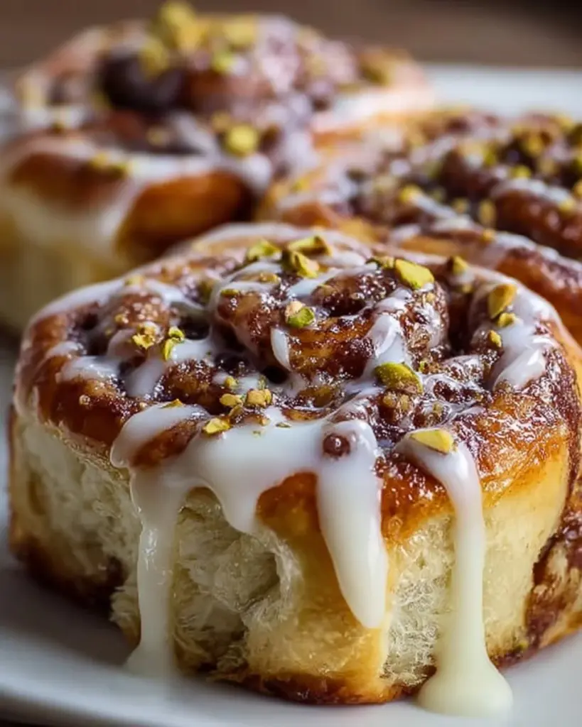 Delicious Chocolate Pistachio Cinnamon Rolls topped with creamy glaze