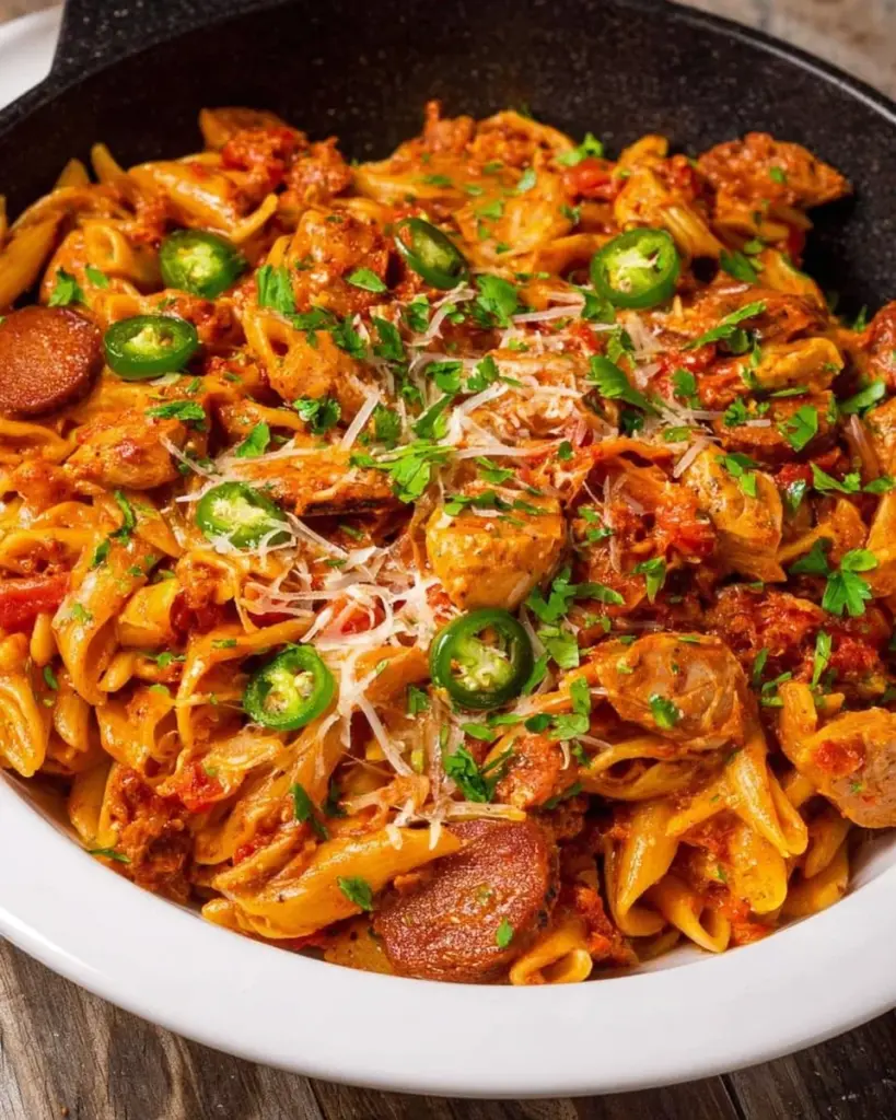 Chorizo Pasta with chicken served in a bowl, garnished with herbs.