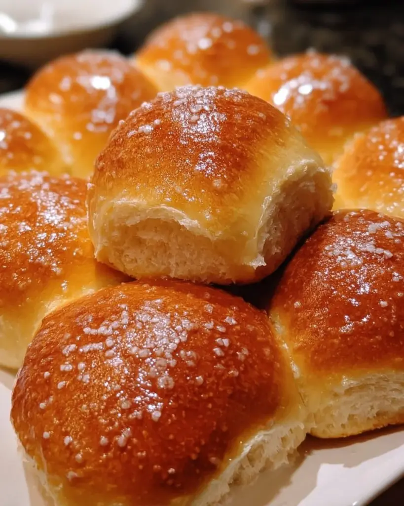 Freshly baked classic chewy rolls on a wooden table