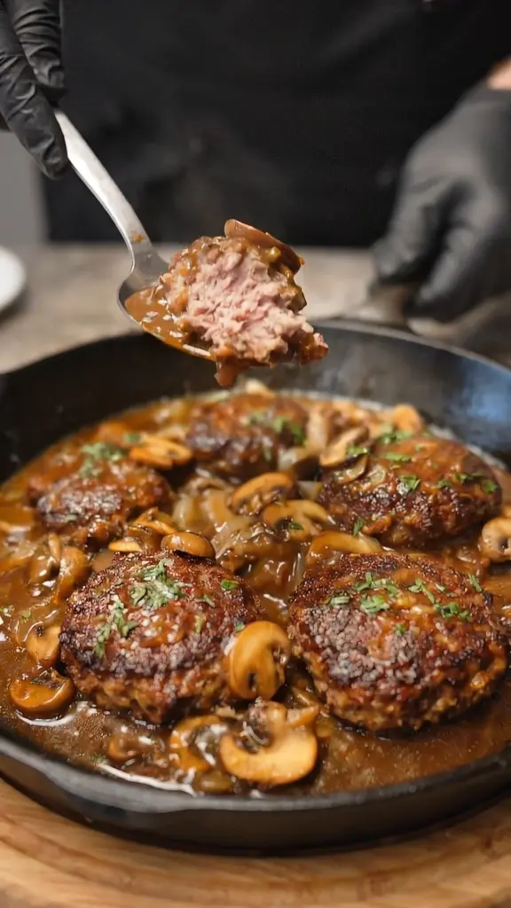 Delicious classic skillet Salisbury steak served with rich gravy and mashed potatoes.