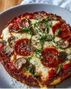 Delicious Cottage Cheese Pizza Bowl topped with fresh ingredients