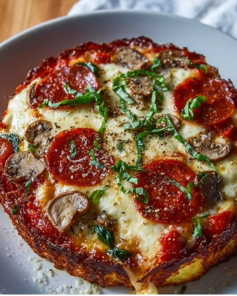 Delicious Cottage Cheese Pizza Bowl topped with fresh ingredients