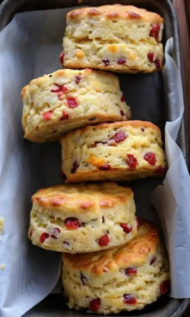 Freshly baked cranberry orange scones on a rustic wooden table