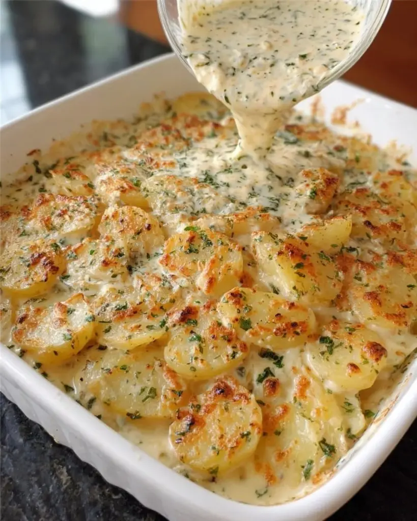 Creamy potatoes casserole baked to perfection, topped with cheese and herbs.