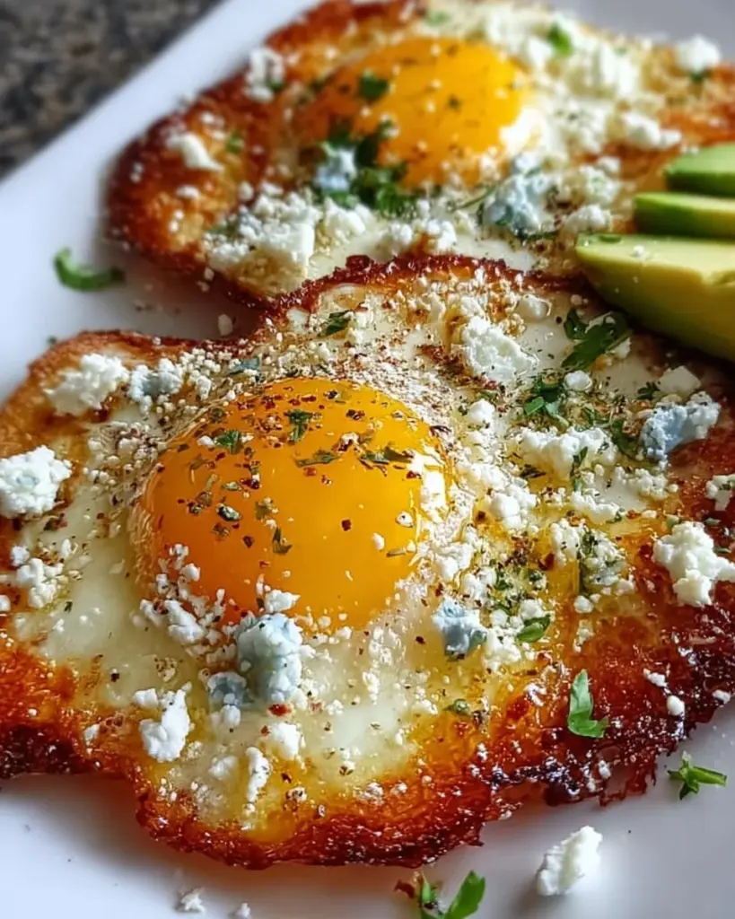 Plate of delicious feta fried eggs topped with herbs and served with toast
