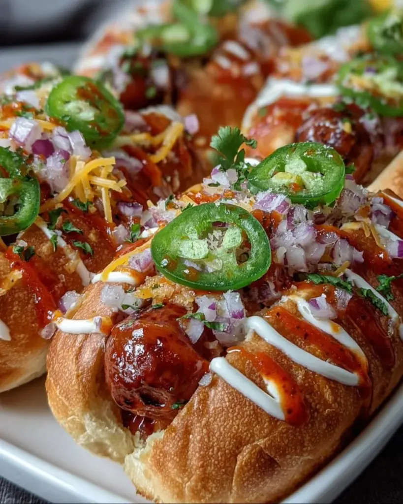 Delicious firecracker hot dogs topped with spicy condiments and served on a plate.