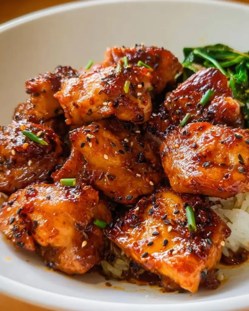 Delicious Gochujang Chicken garnished with vegetables and served on a plate.