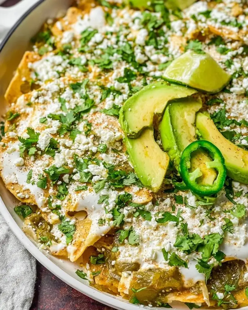 Plate of vibrant green chilaquiles topped with avocado and crema