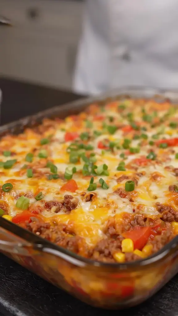 Delicious ground beef casserole served in a baking dish