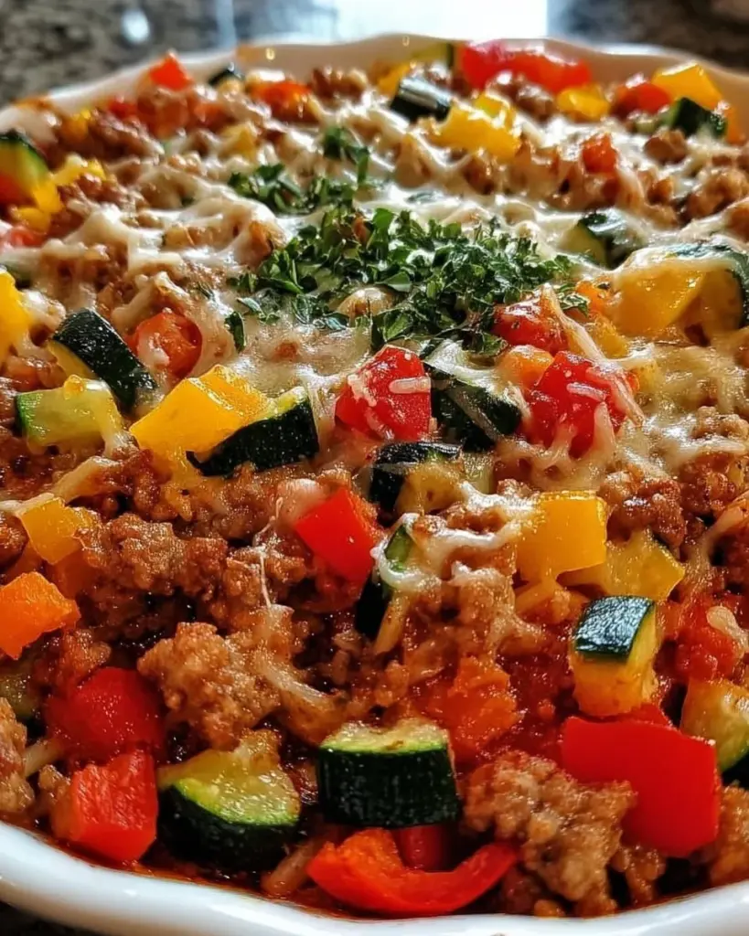 Delicious ground turkey casserole topped with cheese and fresh herbs