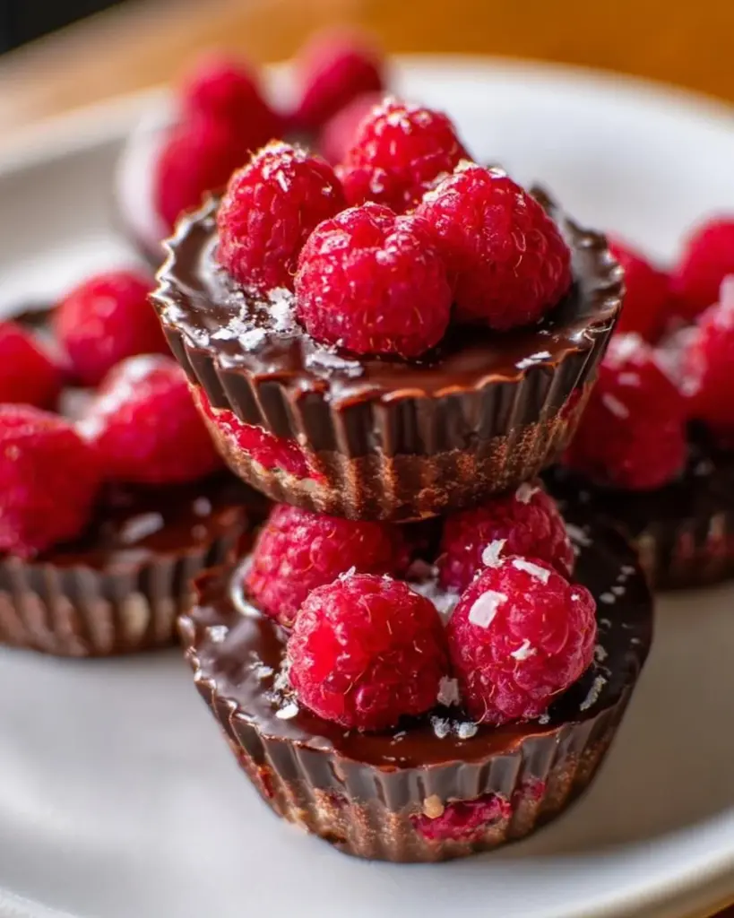 Healthy chocolate raspberry cups made with dark chocolate and fresh raspberries