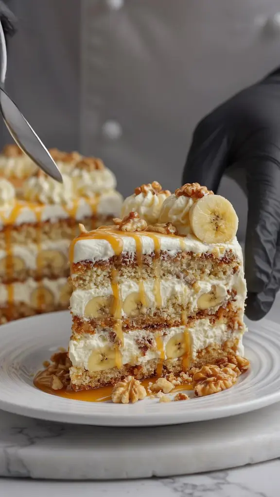 Heavenly banana walnut cream cake with walnuts and banana slices