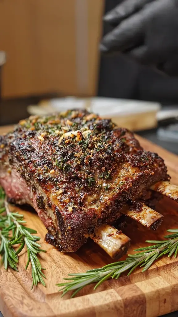 Herb crusted roasted beef rib served on a platter with garnishes
