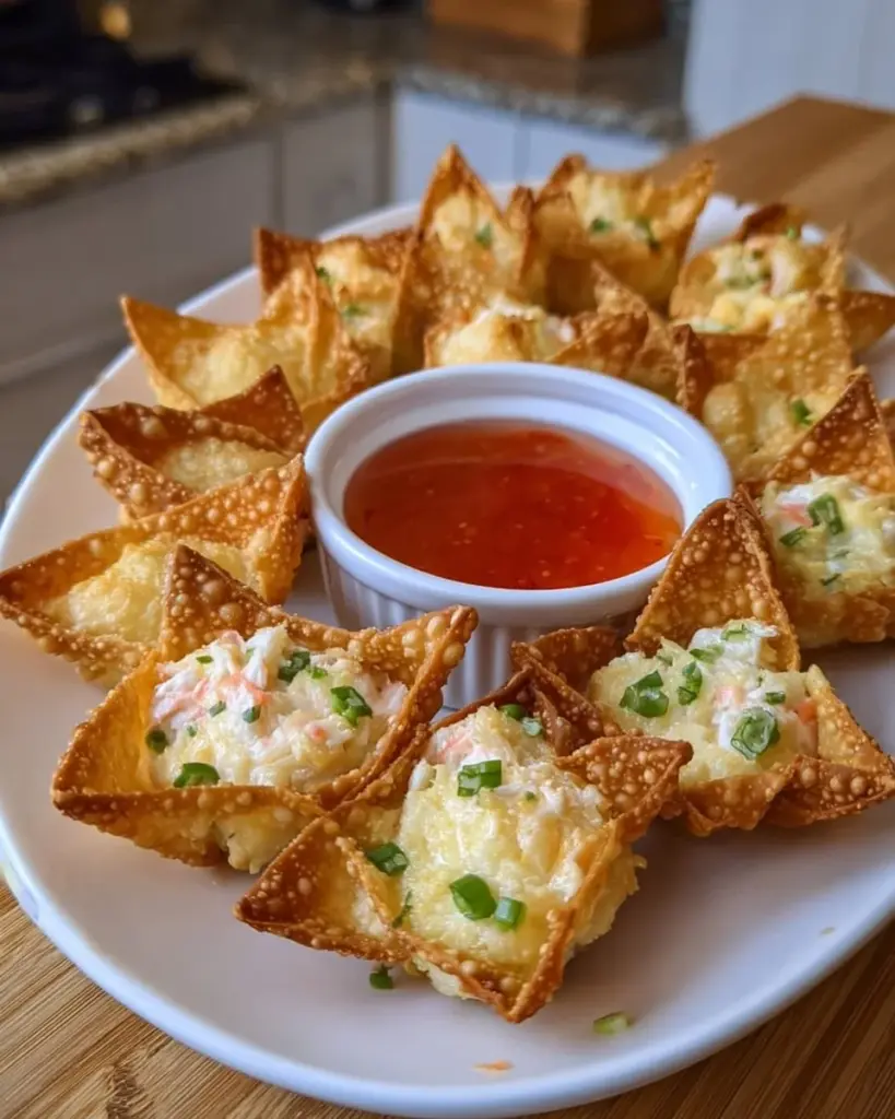 Homemade crab rangoon served on a plate with dipping sauce