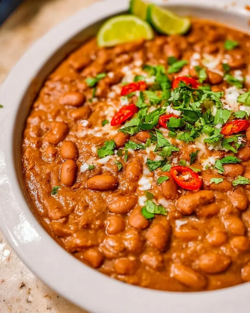 Bowl of homemade Instant Pot refried beans served with tortilla chips