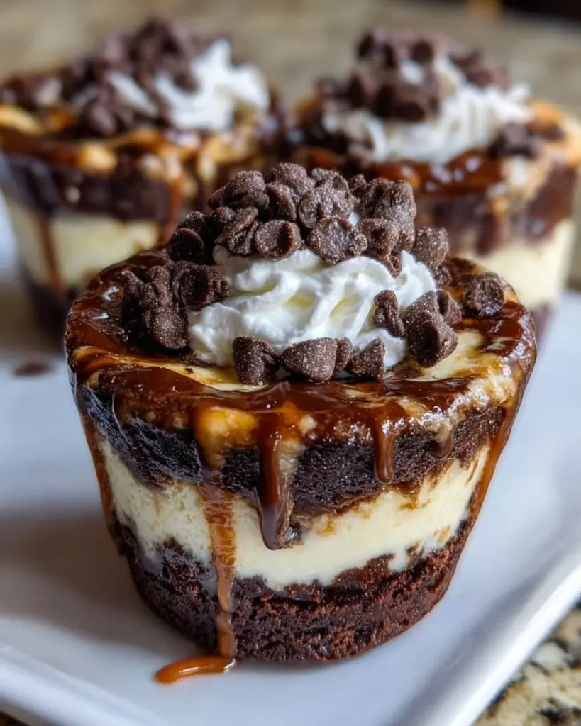 Loaded brownie cheesecake cups with a rich chocolate brownie base and creamy cheesecake topping