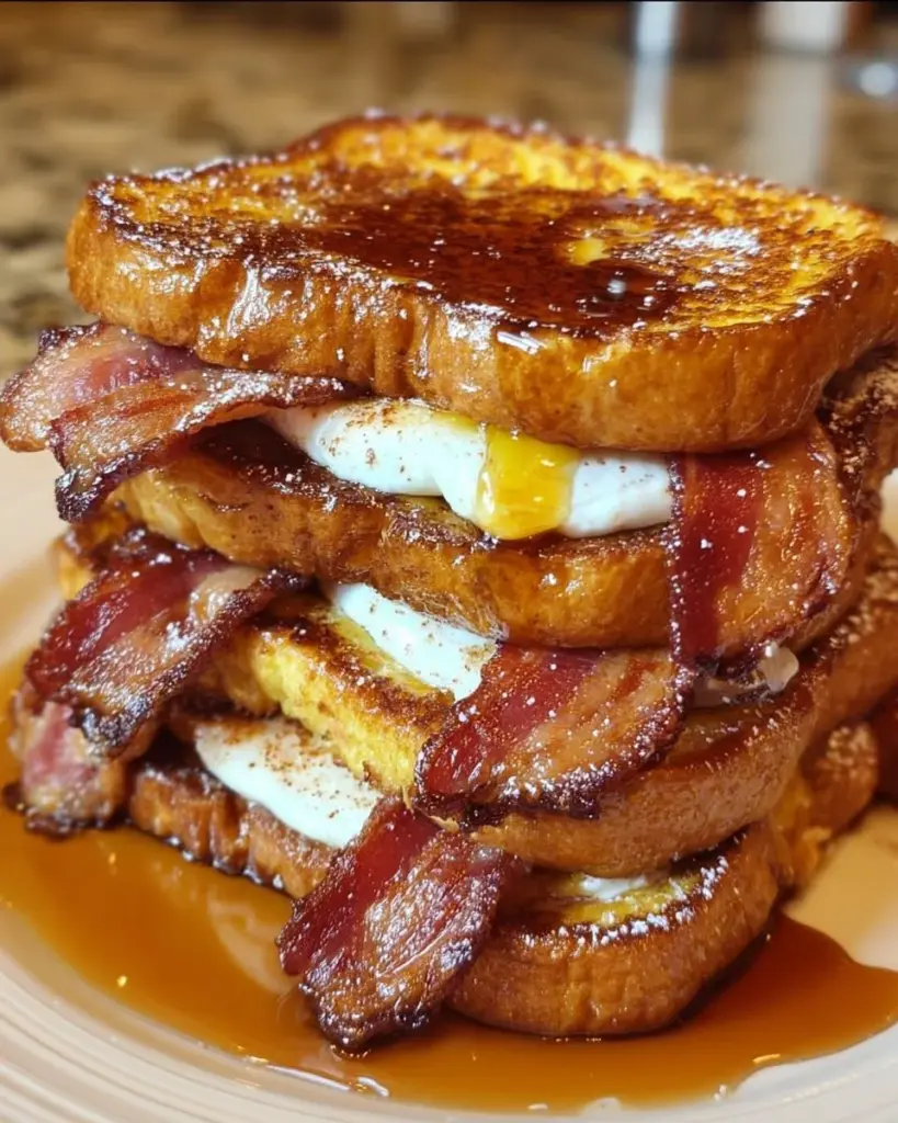 Delicious Maple Bacon French Toast topped with syrup and crispy bacon